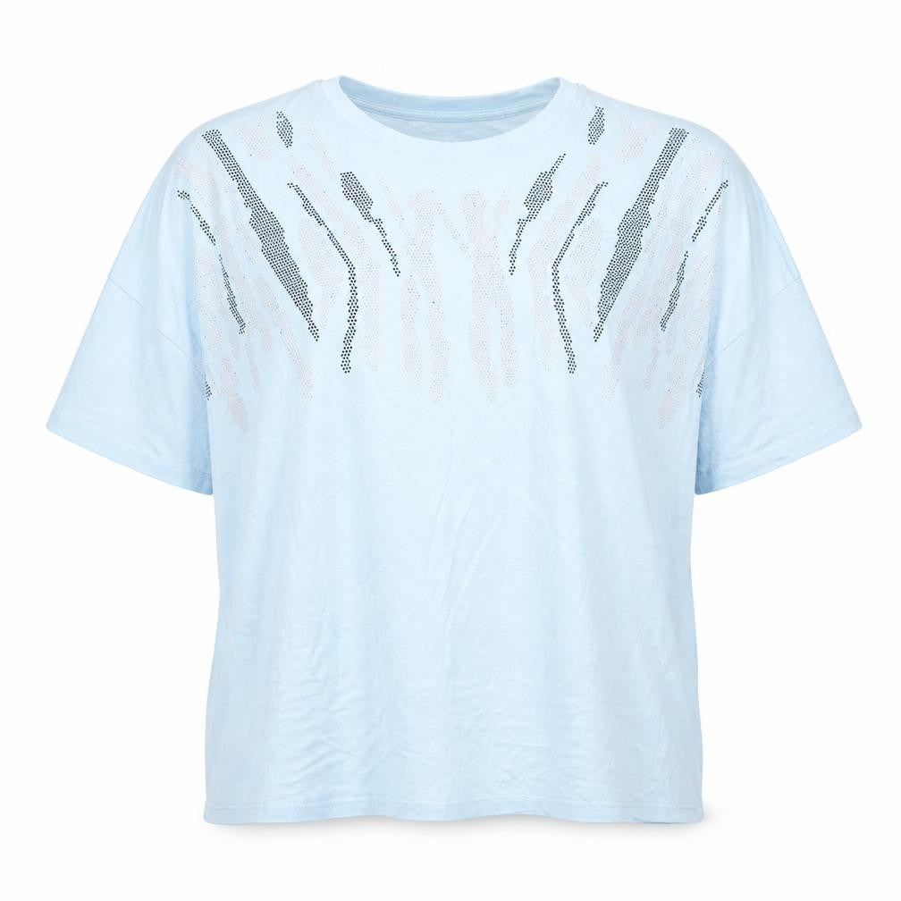 Front view of Paramour women’s blue viscose basic t-shirt, size M, scoop neck