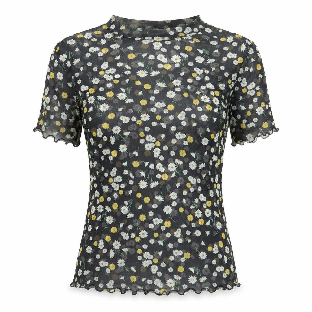 Front view of New Look women’s black floral polyester basic t-shirt, size UK 8, scoop neck - daisy