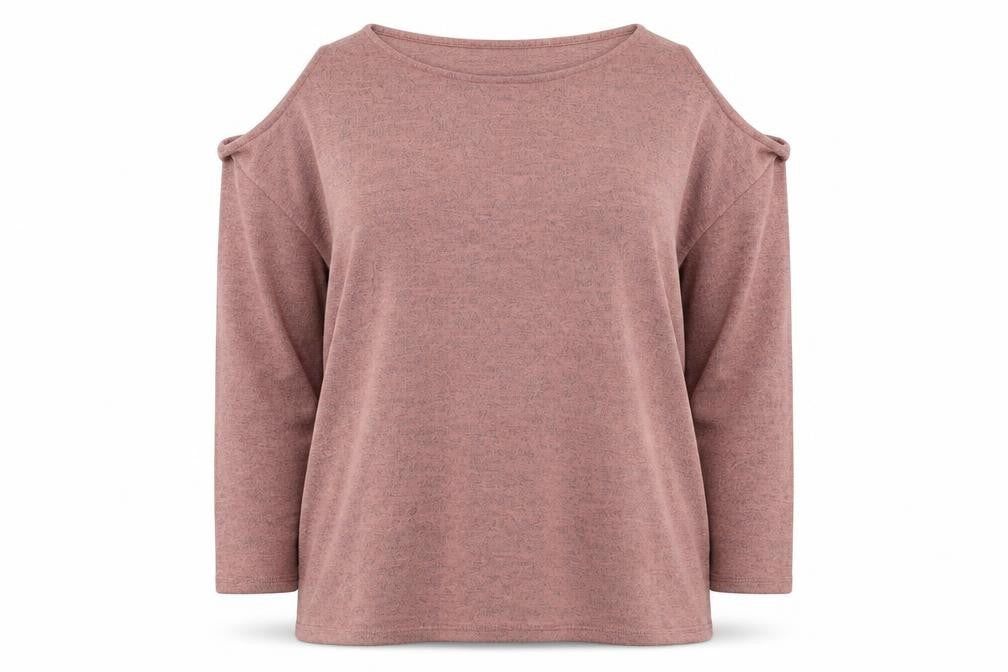 Front view of Atmosphere women’s beige scoop neck polyester jumper, size UK 14, - cold shoulder