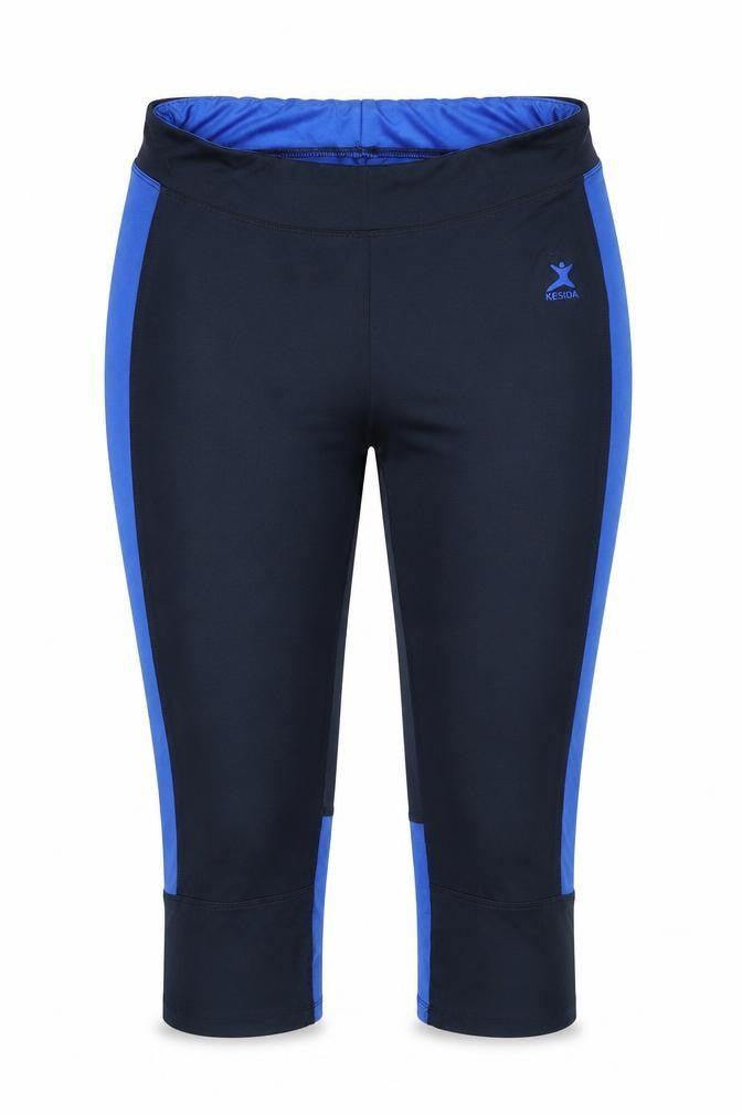 Front view of Kesida women’s blue colourblock polyester cropped leggings, size L, regular drawstring