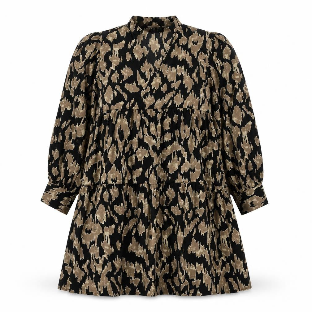 Front view of SHEIN women’s brown animal print polyester a-line, size XL, v-neck pullover - leopard print