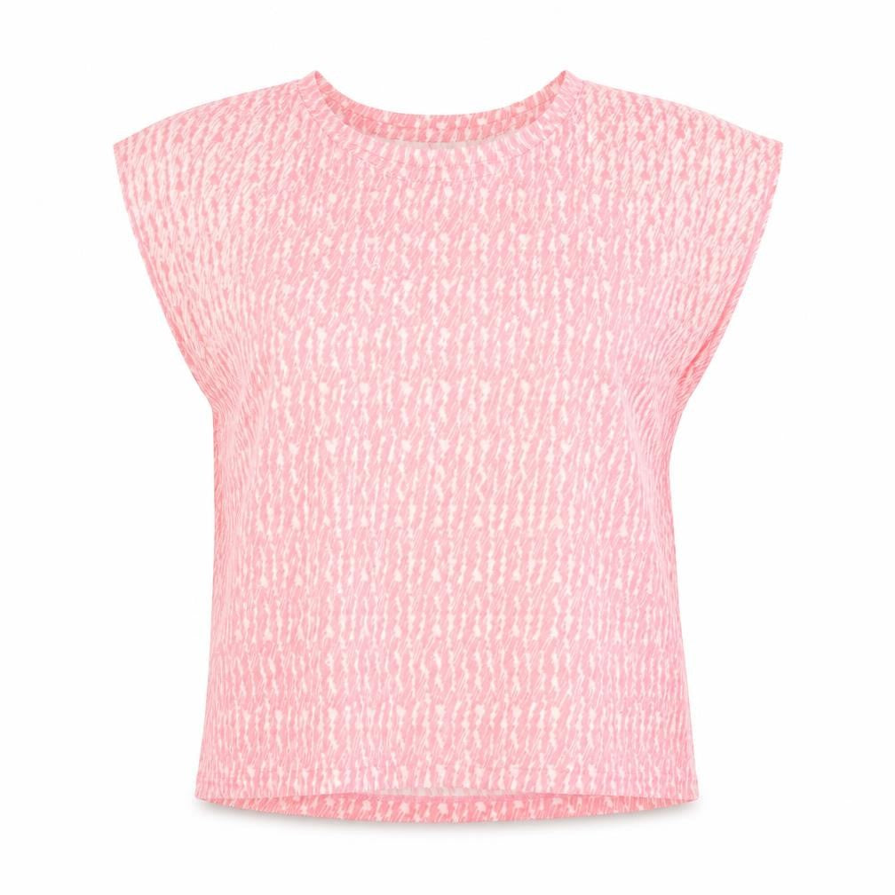 Front view of Marks & Spencer women’s pink geometric polyester basic t-shirt, size UK 14, round neck