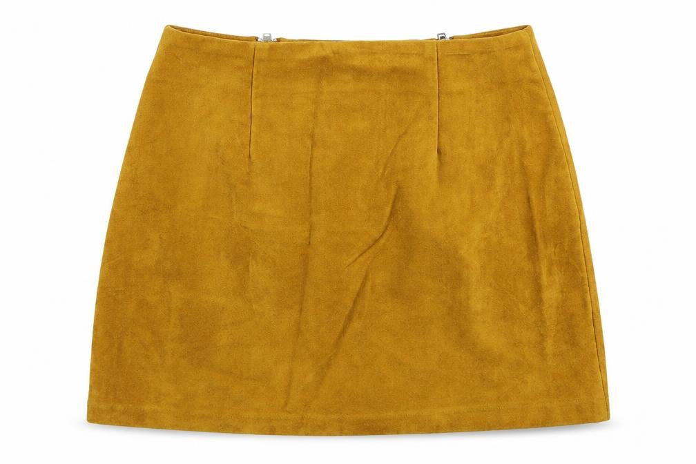 Front view of Forever 21 women’s yellow polyester mini skirt, size S, zip