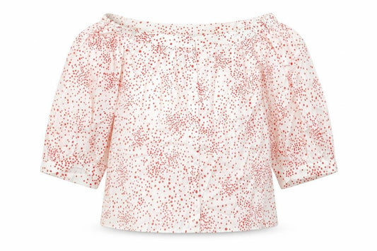 Front view of H&M women’s white polka dot cotton basic blouse, size UK 12, off the shoulder