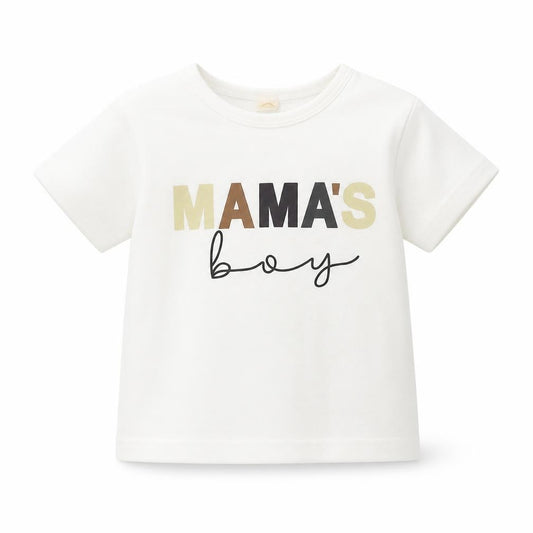 Front view of Preworn boys’ white polyester basic t-shirt, size 12, months round neck pullover - mama's boy