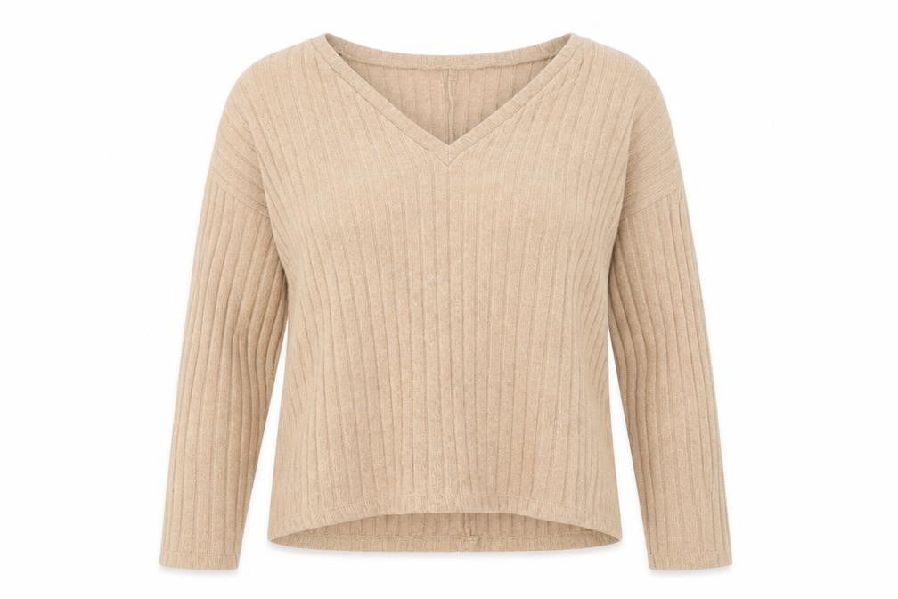 Front view of Zara women’s beige v-neck polyester jumper, size L, - ribbed