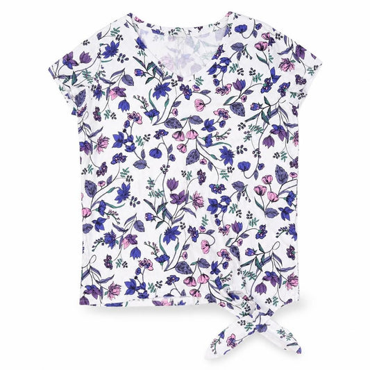 Front view of Yessica women’s white floral polyester basic t-shirt, size XS, v-neck