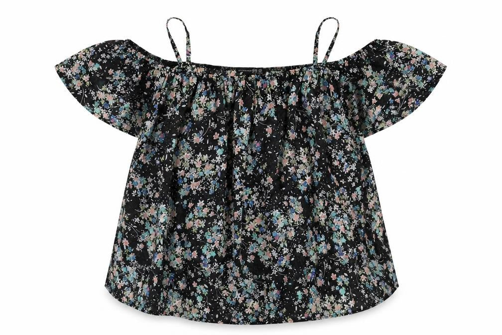 Front view of Atmosphere women’s black floral polyester cropped blouse, size UK 10, boat neck