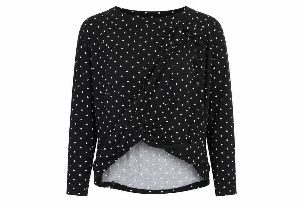 Front view of George women’s black polka dot viscose basic blouse, size UK 10, boat neck