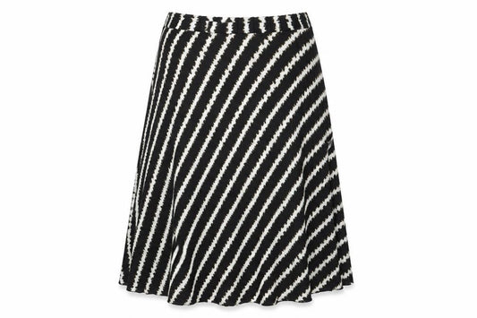Front view of Marks & Spencer women’s black striped polyester swing skirt, size UK 14
