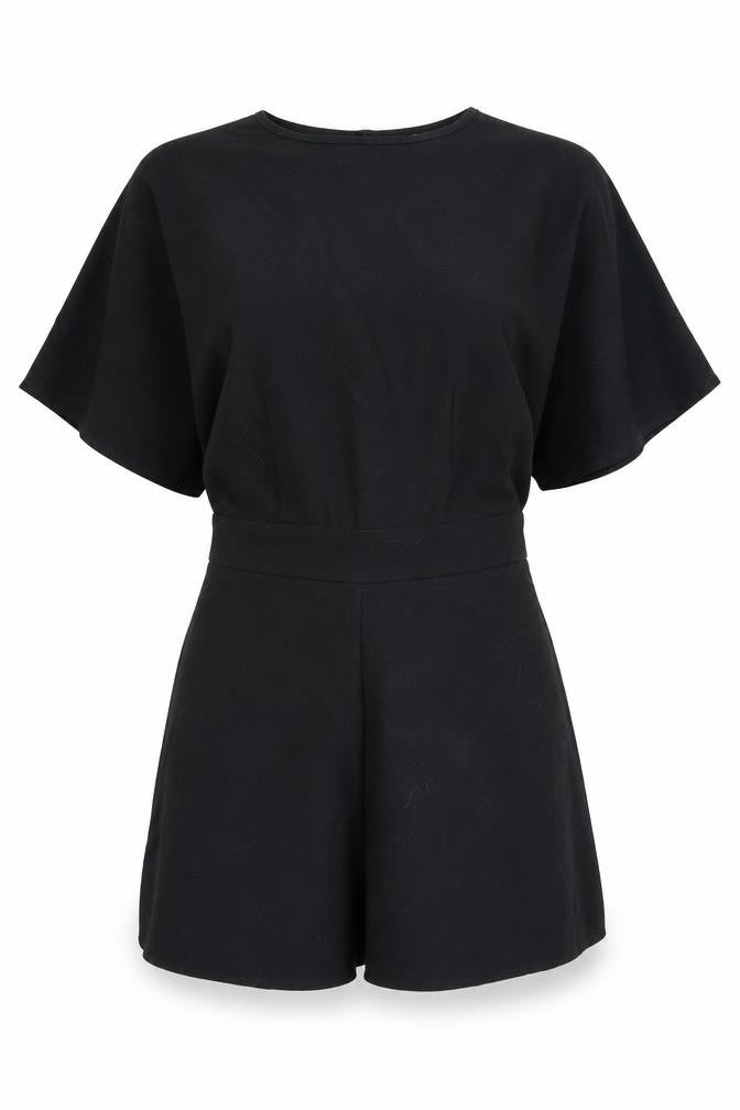 Front view of ASOS women’s black polyester playsuit one-piece, size UK 6, zip