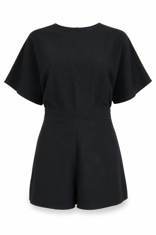 Front view of ASOS women’s black polyester playsuit one-piece, size UK 6, zip