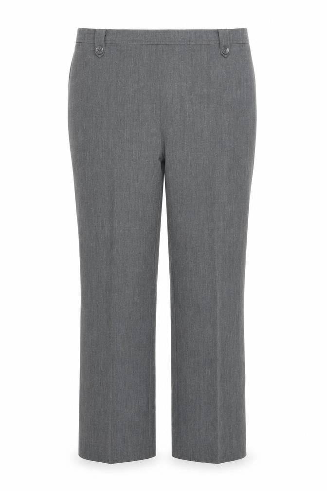Front view of Bonmarché women’s grey polyester trousers, size UK 18, regular zip