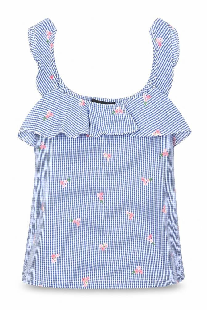 Front view of Atmosphere women’s beige check polyester basic tank, size UK 8, round neck - flower detail