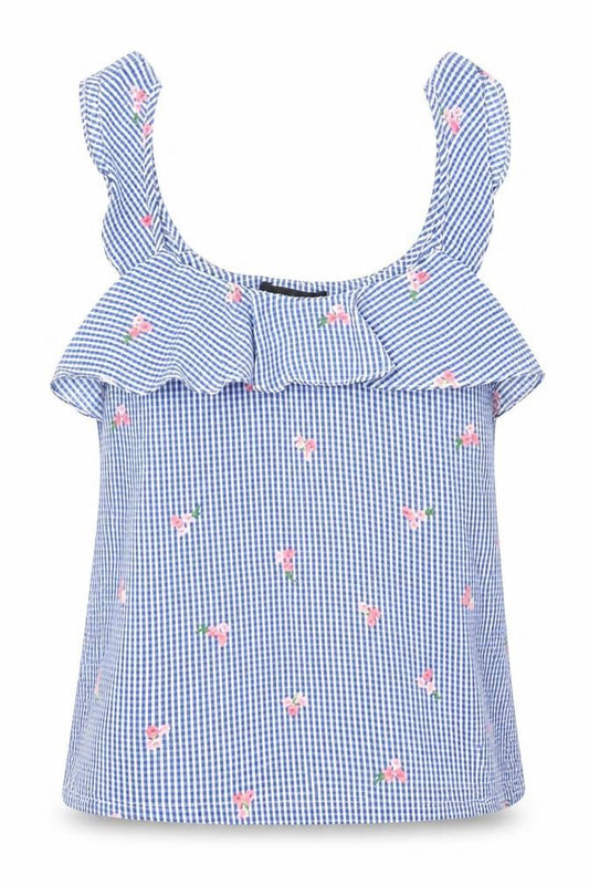 Front view of Atmosphere women’s beige check polyester basic tank, size UK 8, round neck - flower detail