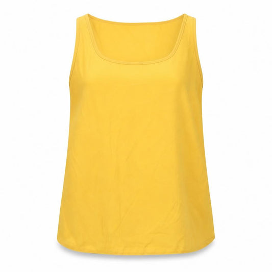 Front view of Primark women’s yellow polyester basic tank, size UK 12, scoop neck