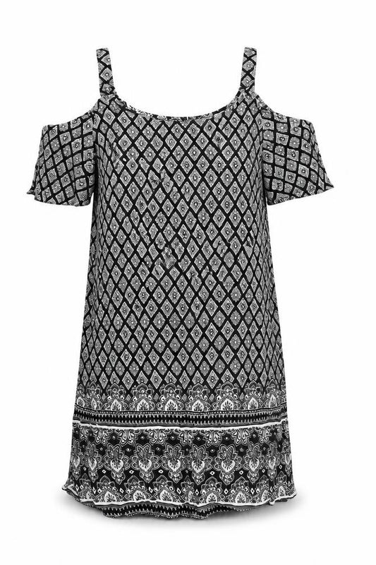 Front view of Papaya women’s black geometric polyester shift, size UK 8, v-neck pullover - cold shoulder