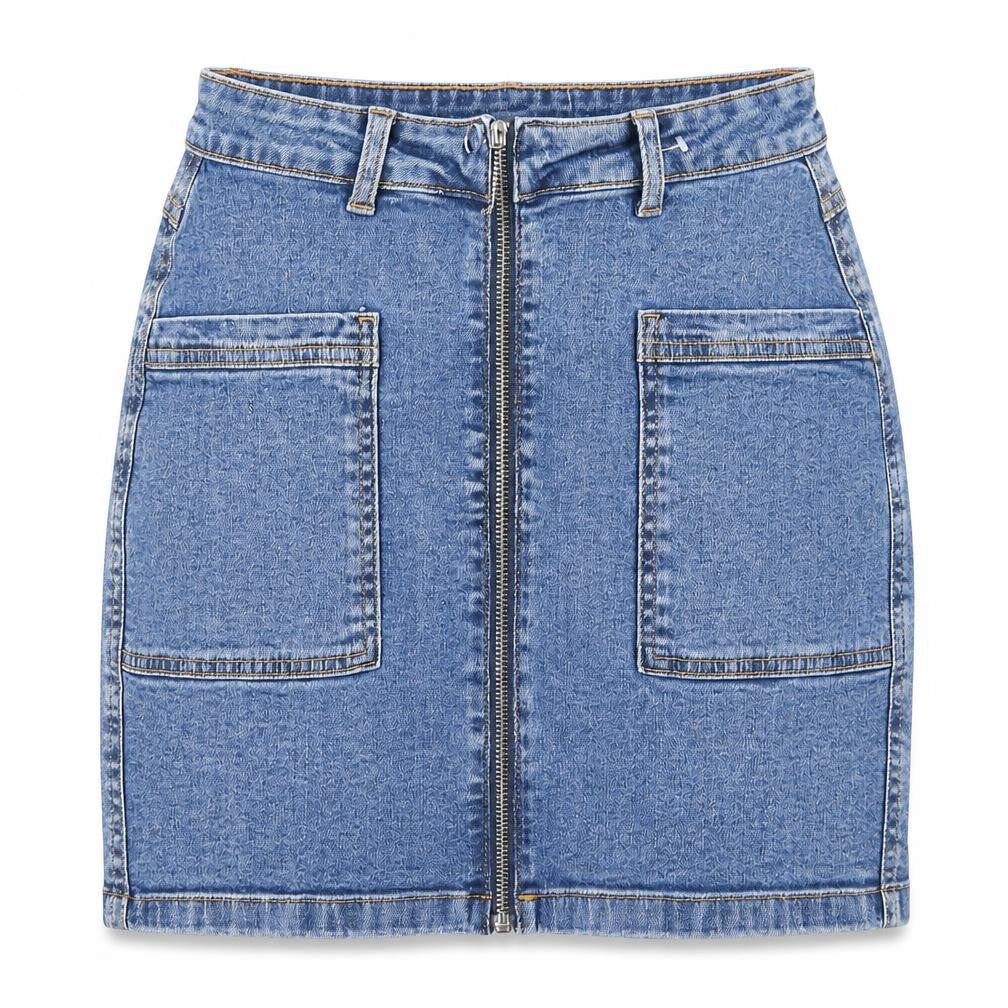 Front view of JDY women’s blue cotton mini skirt, size S, zip