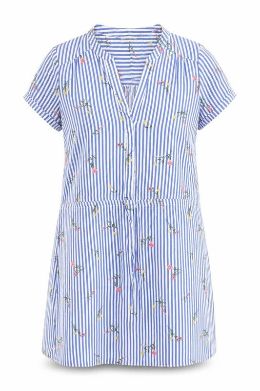 Front view of Papaya women’s blue striped cotton a-line, size UK 12, v-neck tie - drawstring waist