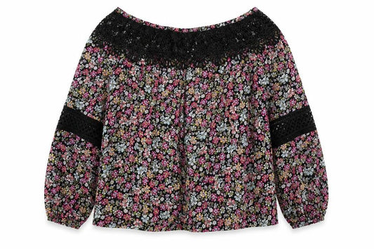 Front view of New Look women’s multicoloured floral polyester basic blouse, size UK 10, boat neck - lace detail