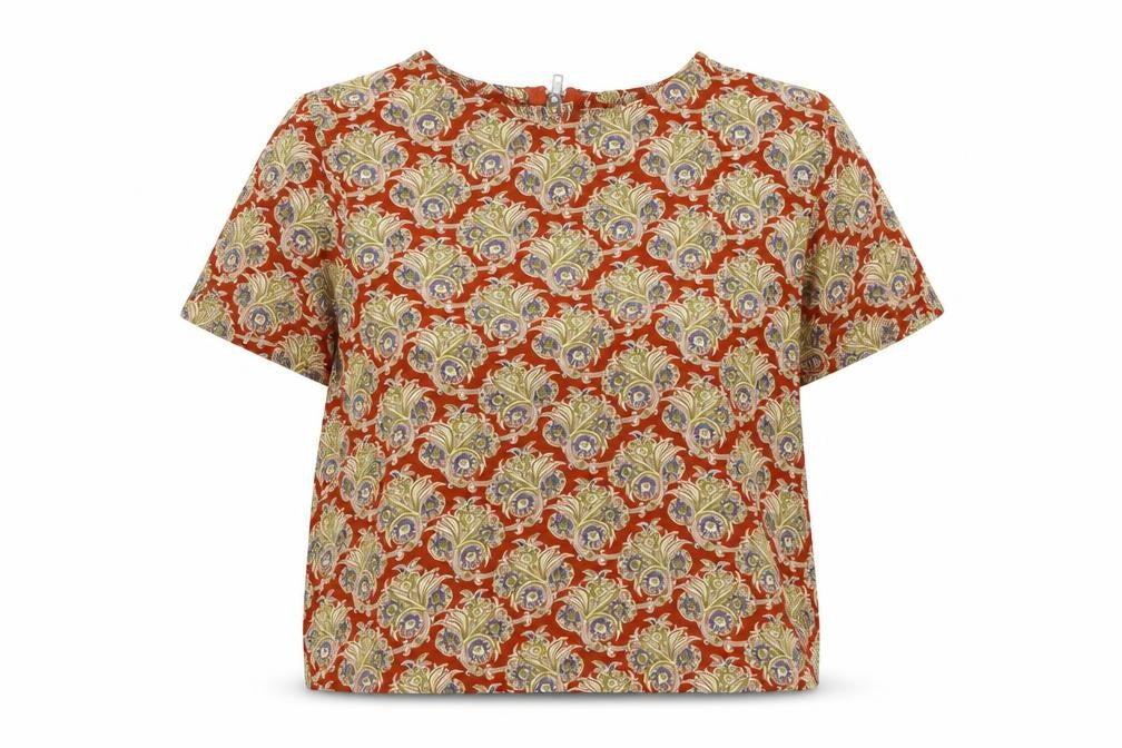 Front view of Glamorous women’s brown geometric viscose basic t-shirt, size S, round neck