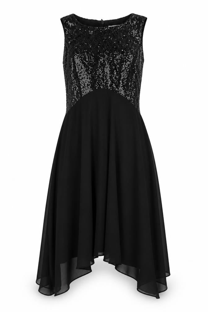 Front view of Wallis women’s black polyester ball gown, size UK 8, round neck zip