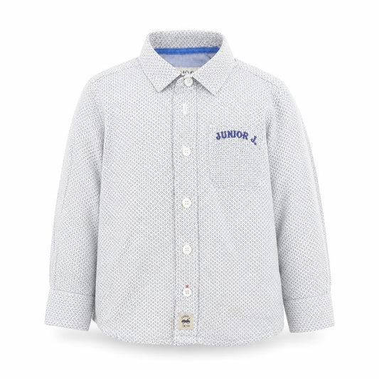 Front view of Debenhams boys’ blue geometric cotton basic button-up, size 2-3, years collared button