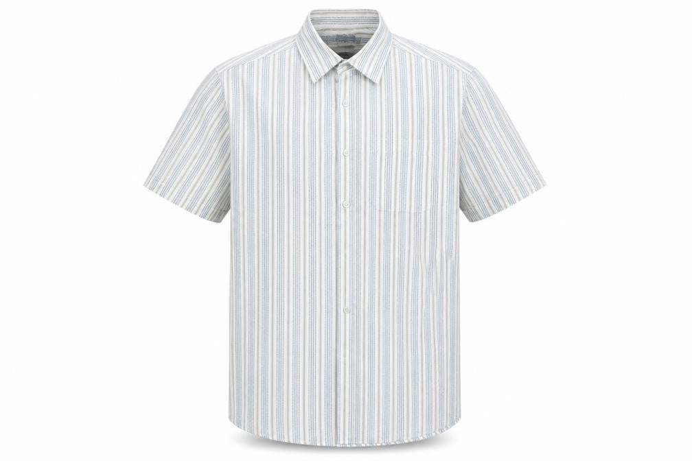 Front view of BHS men’s multicoloured striped polyester button-up, size L, collared button