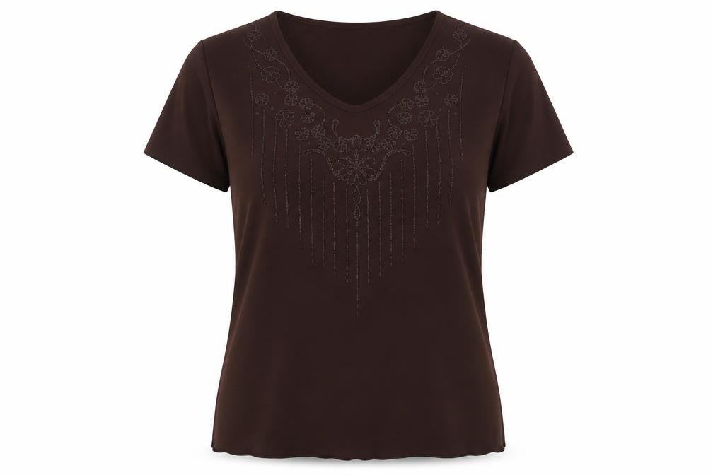 prewor Womens Brown Polyester Basic T-Shirt Size XL V-Neck