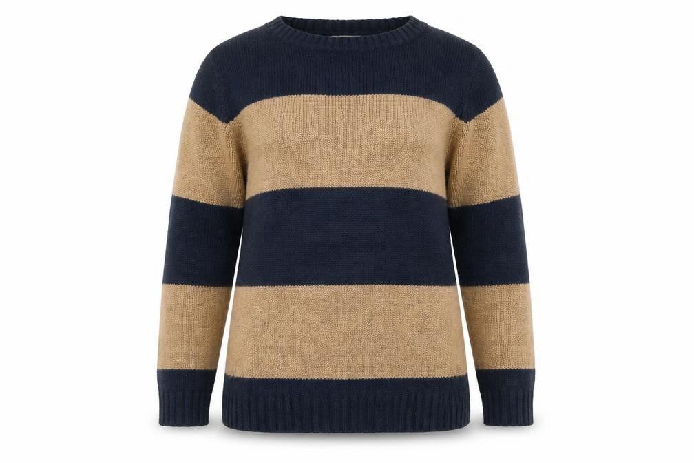 Front view of Atmosphere women’s multicoloured round neck striped acrylic jumper, size UK 10