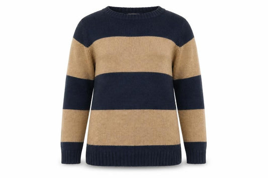 Front view of Atmosphere women’s multicoloured round neck striped acrylic jumper, size UK 10