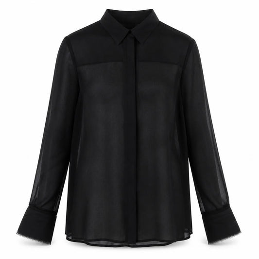 Front view of Next women’s black polyester basic button-up, size UK 12, v-neck