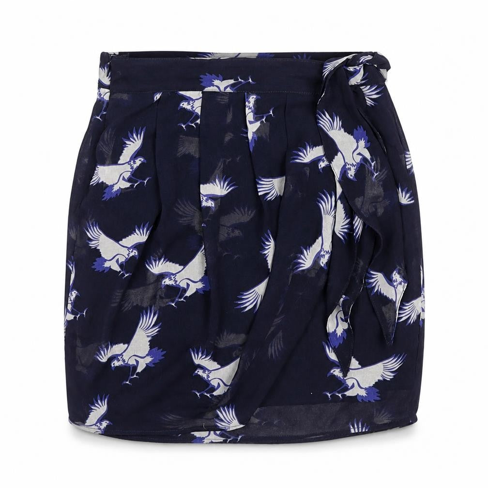 Front view of Zara women’s blue geometric polyester tulip skirt, size XS, zip - bird pattern