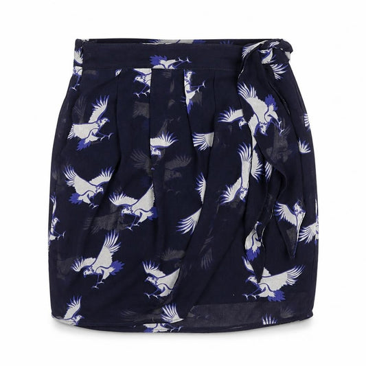 Front view of Zara women’s blue geometric polyester tulip skirt, size XS, zip - bird pattern