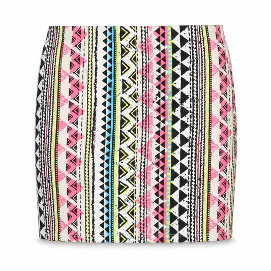 Front view of New Look women’s multicoloured geometric cotton bandage skirt, size UK 14