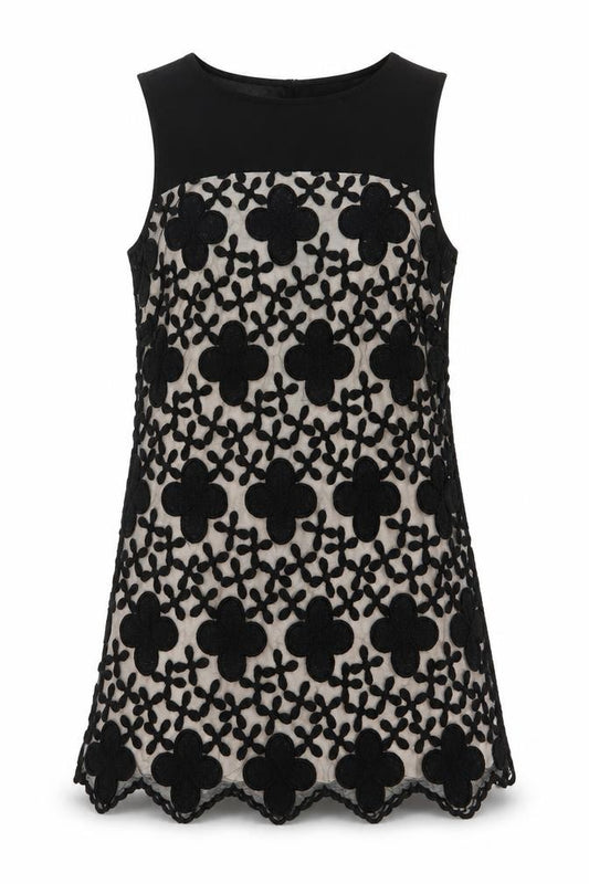 Front view of Matalan women’s black geometric polyester a-line, size UK 10, boat neck zip