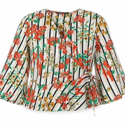 Zara Womens Multicoloured Striped Polyester Wrap Blouse Size S Round Neck - Flower Detail