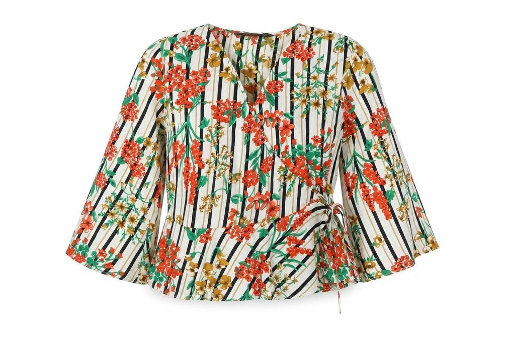 Zara Womens Multicoloured Striped Polyester Wrap Blouse Size S Round Neck - Flower Detail
