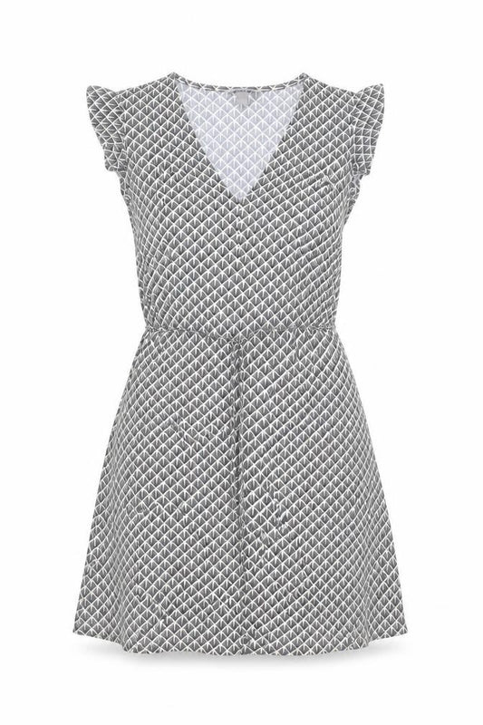 Front view of H&M women’s beige geometric polyester fit & flare, size S, v-neck pullover