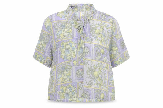 Front view of Hardob women’s multicoloured geometric polyester basic blouse, size UK 16, v-neck