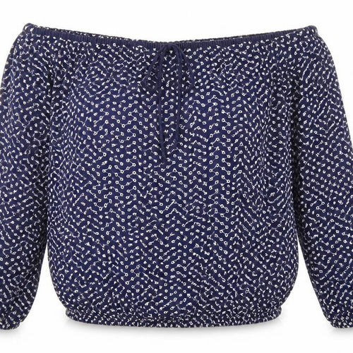 Warehouse Womens Blue Geometric 100% Cotton Basic Blouse Size 8 Off the Shoulder - Broderie Anglaise