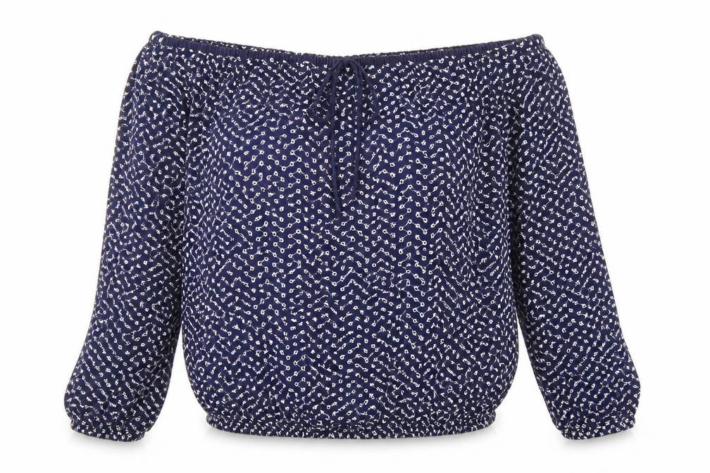 Warehouse Womens Blue Geometric 100% Cotton Basic Blouse Size 8 Off the Shoulder - Broderie Anglaise