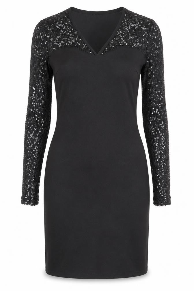 Front view of Lipsy women’s black polyester a-line, size UK 10, v-neck pullover