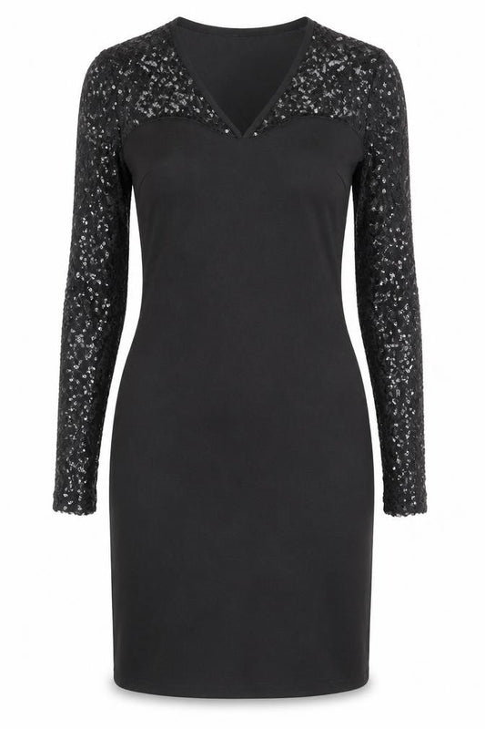 Front view of Lipsy women’s black polyester a-line, size UK 10, v-neck pullover