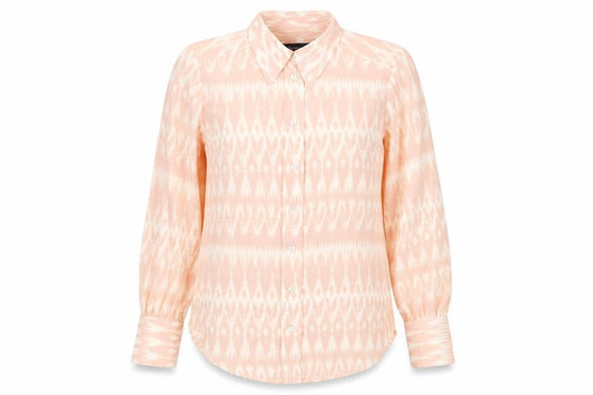 Front view of Marks & Spencer women’s pink geometric polyester basic button-up, size UK 8, v-neck