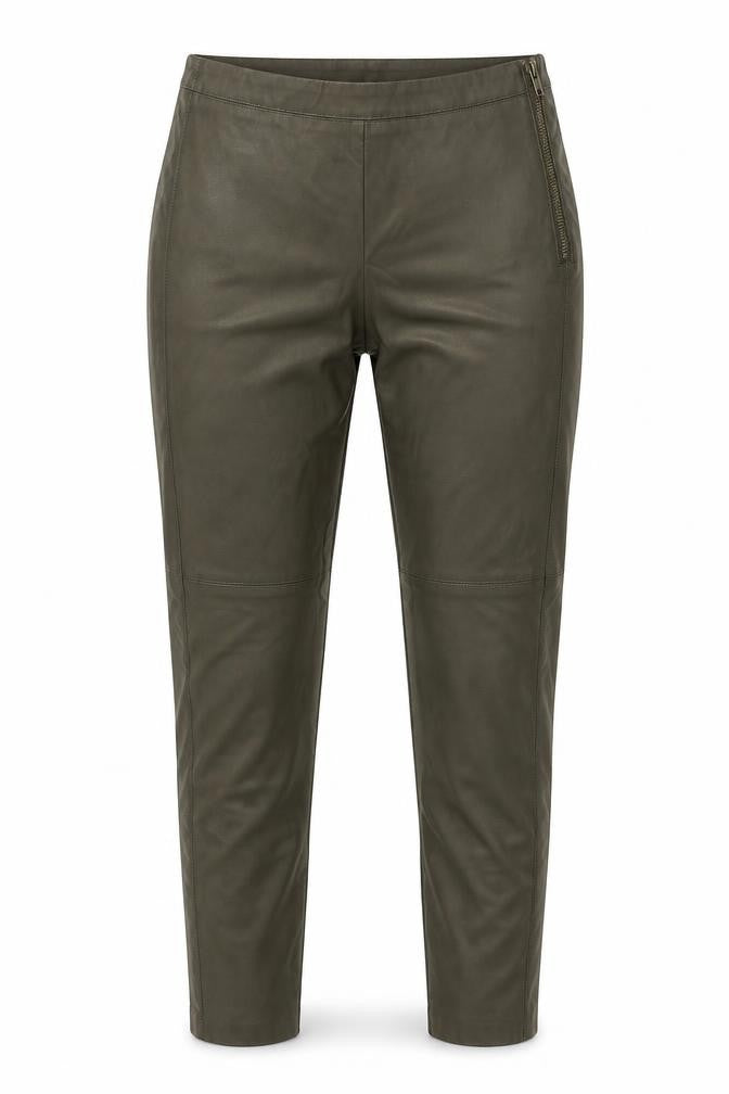 Front view of H&M women’s green polyurethane trousers, size UK 8, regular zip