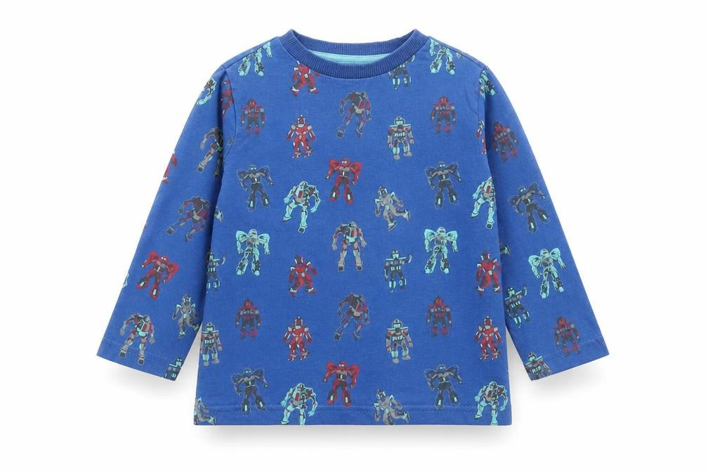 Front view of F&F boys’ blue geometric cotton basic t-shirt, size 18-24, months round neck pullover