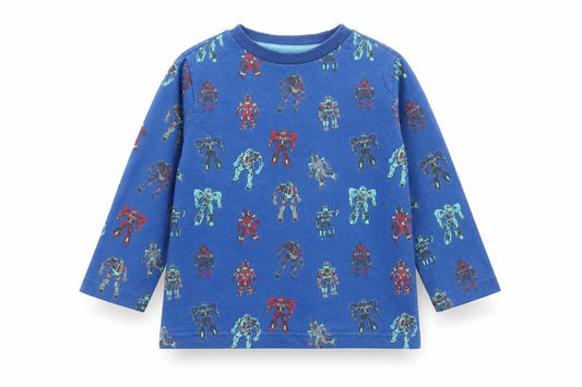 Front view of F&F boys’ blue geometric cotton basic t-shirt, size 18-24, months round neck pullover