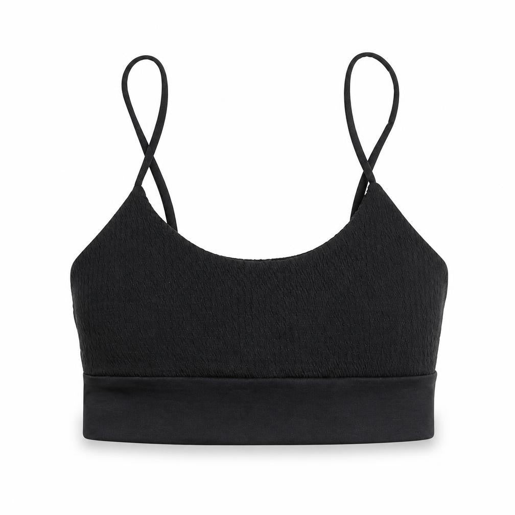 Front view of PRETTYLITTLETHING women’s black nylon cropped tank, size UK 10, round neck