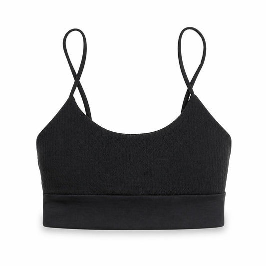Front view of PRETTYLITTLETHING women’s black nylon cropped tank, size UK 10, round neck